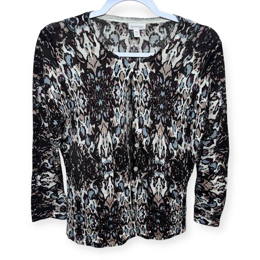 Garnet Hill Leopard Merino Wool Cardigan Long Sleeve